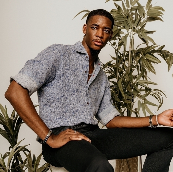 Men's Paisley Button Down Linen Shirt Blue XL bohemian coastal retro preppy - Picture 2 of 11